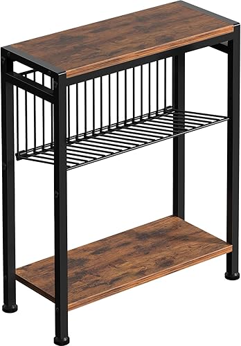 Mesa auxiliar pequeña para espacio pequeño, mesa auxiliar estrecha de 3 niveles con soporte para revistas, mesita de noche pequeña, mesa de sofá