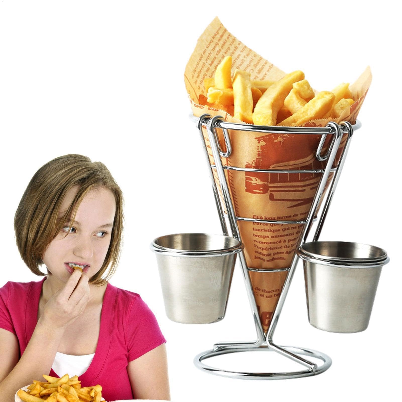 Générique French Frites Cone Holder – 2 Stück French Fries Stand Basket | French Fries Chips Holder | French Fries Cone Holder | Edelstahl Fries Display Rack mit Dippers