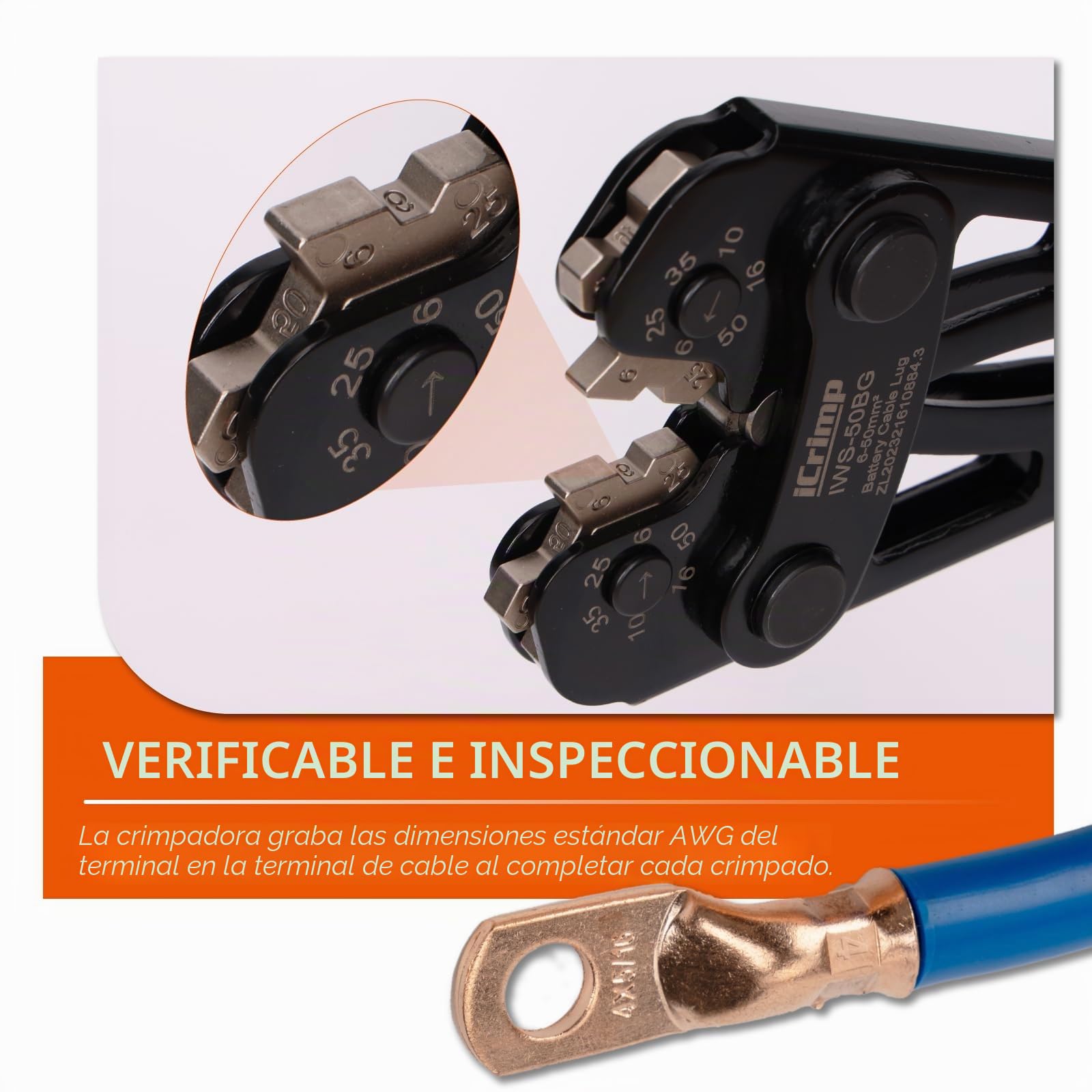 iCrimp Alicates crimpadores de terminales de cable para terminales de cobre resistentes y conectores planos, alicates de engarce con mandíbulas intercambiables con una sola mano para 6-50 mm².