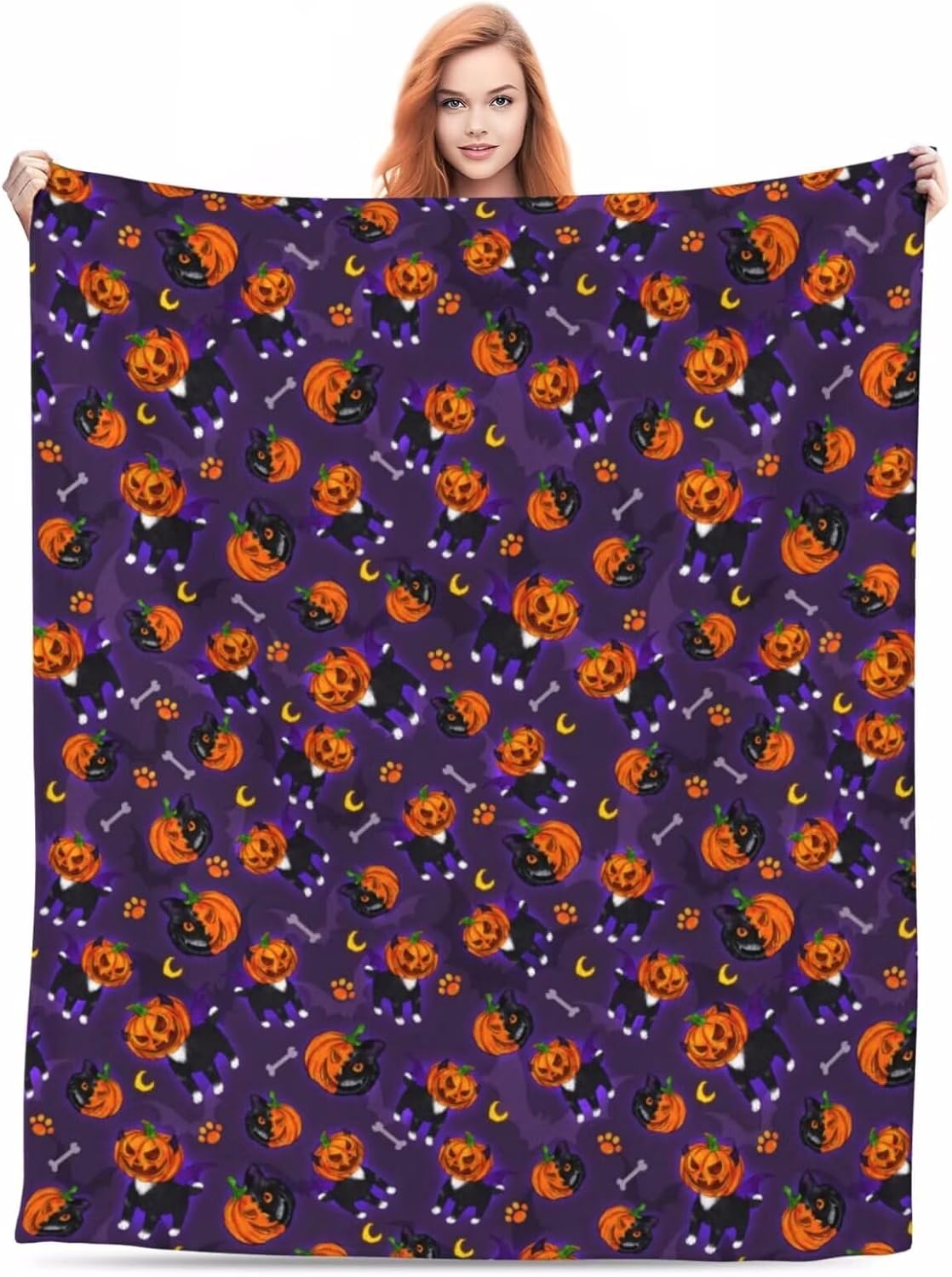 Fun Kitten Blanket Funny Pumpkin Cat Throw Blanket Purple Blankets and Throws Fun Pumpkin Printed Nap Blanket for Sofa Couch Office Halloween Decorations Flannel Blanket 50"x60"