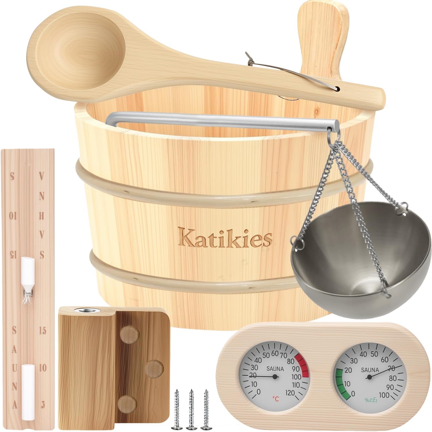 Sauna Accessories Kit, Bucket and Ladle Set, Thermo-Hygrometer, Hourglass, Aromatherapy Bowl Oil Cup Holder, 5-Pack (Pine) (Wood)