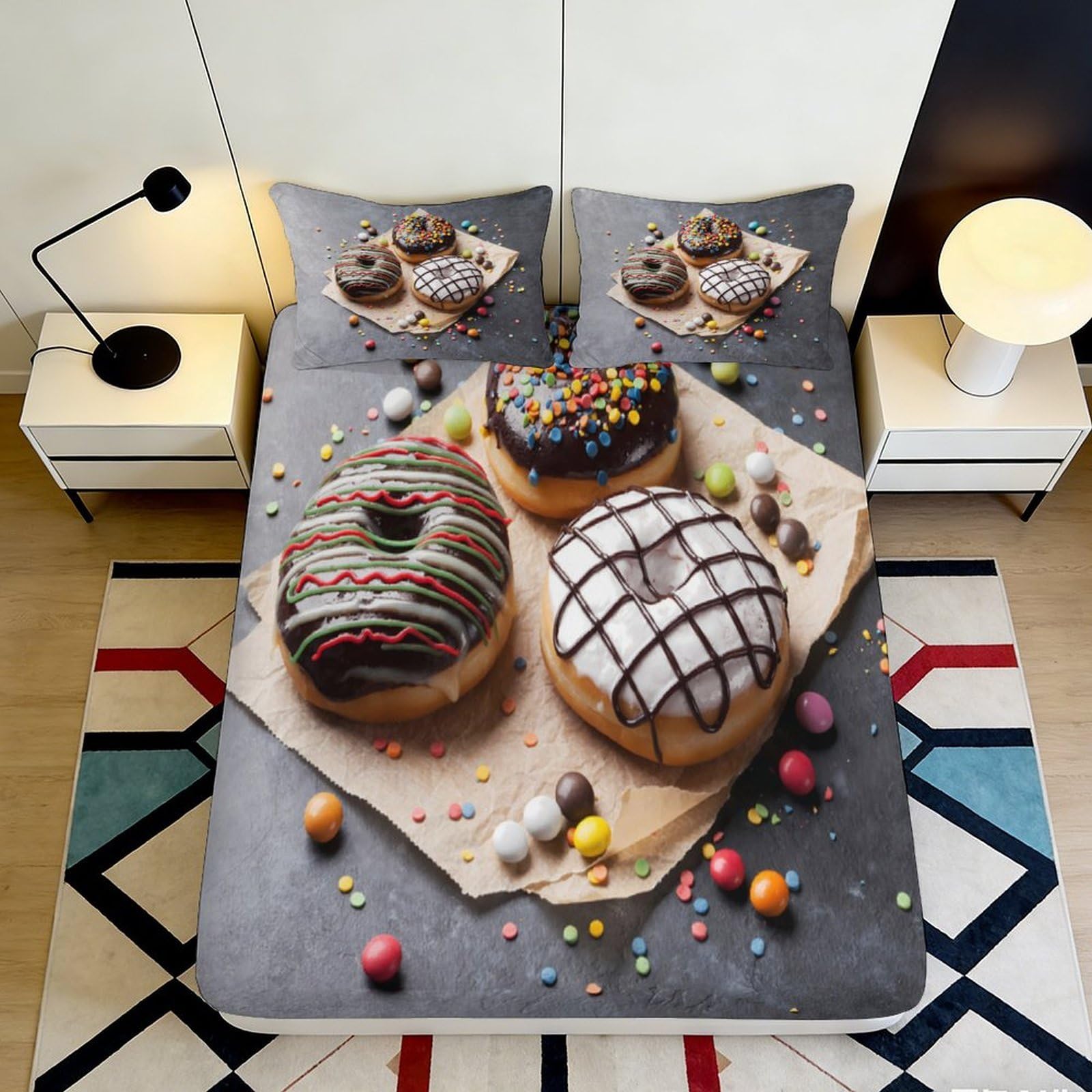 3D Printed Donut Dessert Fitted Sheet Microfiber Soft Washable Sweet Candy Bed Cover for Bedroom Guest Room Decor 90x200x25cm