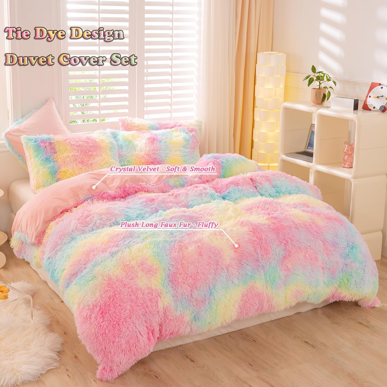ZRNBAST Shaggy Duvet Cover Set Twin Size for Girls Rainbow Tie Dye Comforter Cover Set Faux Fur 3 PC Fluffy Soft Colorful Furry Bedding Set for All Season(Rainbow,Twin)