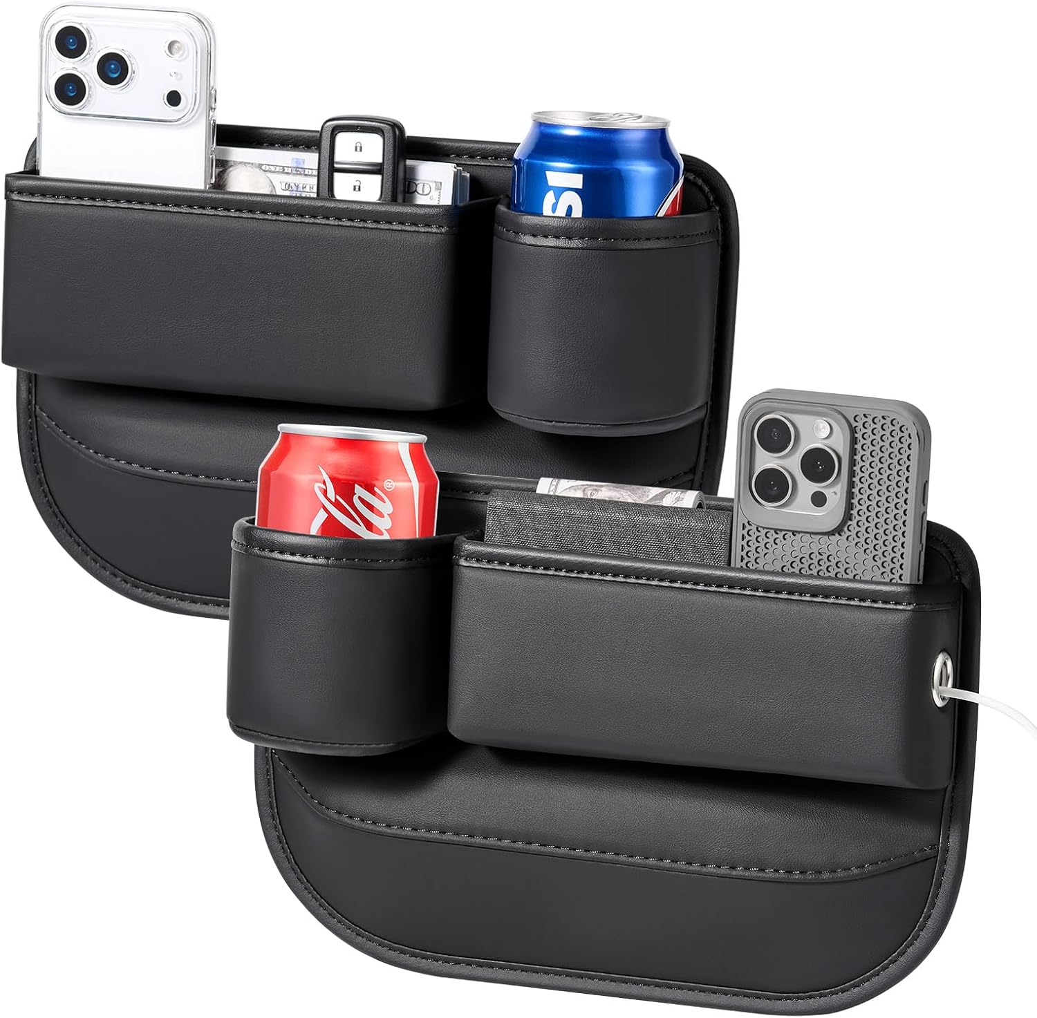 Universal Car Seat Gap Filler Organizer, Premium Leather Car Seat Organizer, Seat Gap Storage Box with Cup Holder for Drink, Front Seat Gap Bag for Phone, Sunglasses,Keys, 2 Packs (Left+Right)