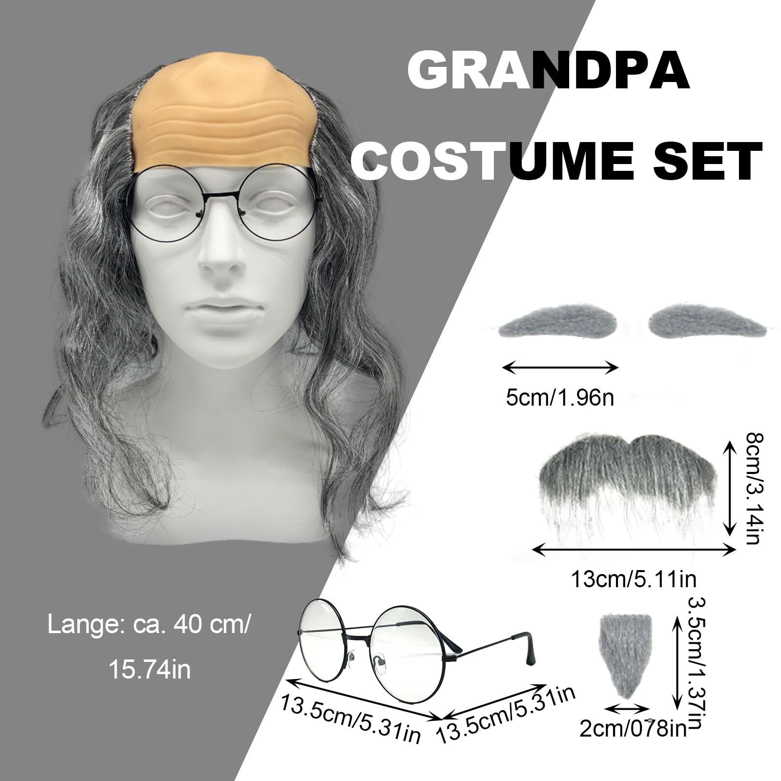 UILYNIU 7 Pcs Bald Wig Set, Men's Fancy Dress Wig with Fake Beard Eyebrows, Glasses & Cap - Image 2