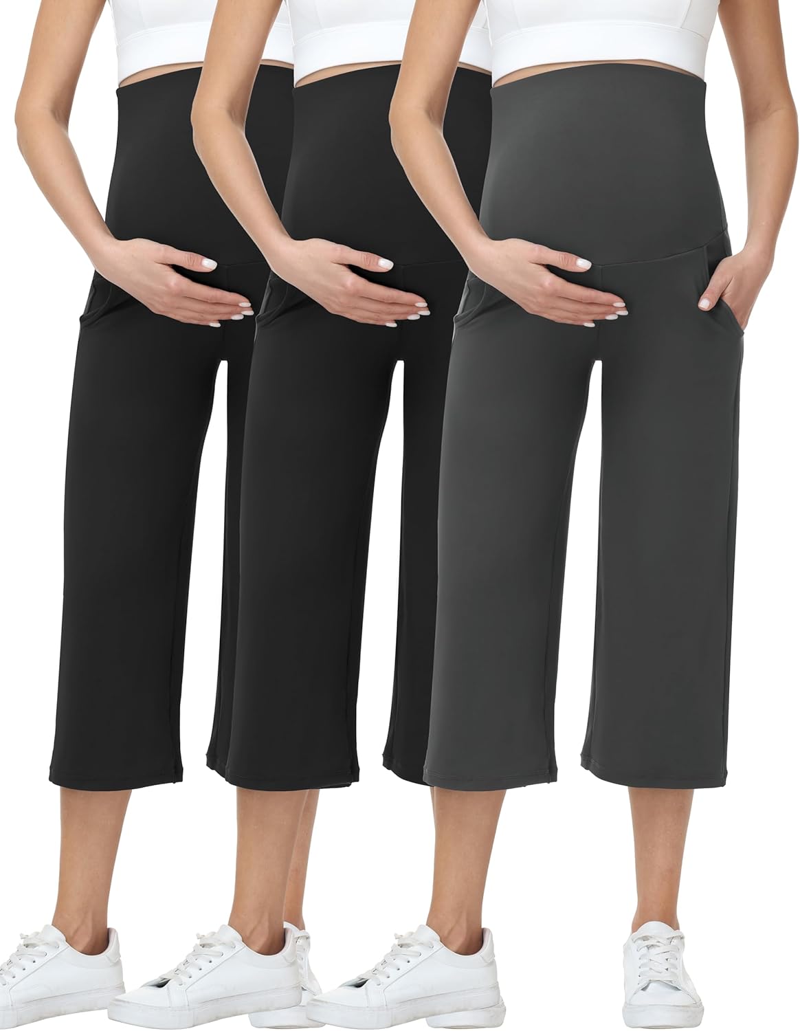 3 Pack Women's Maternity Capris Over Belly Wide Leg Yoga Pants Stretchy Casual Pregnancy Cropped Pants