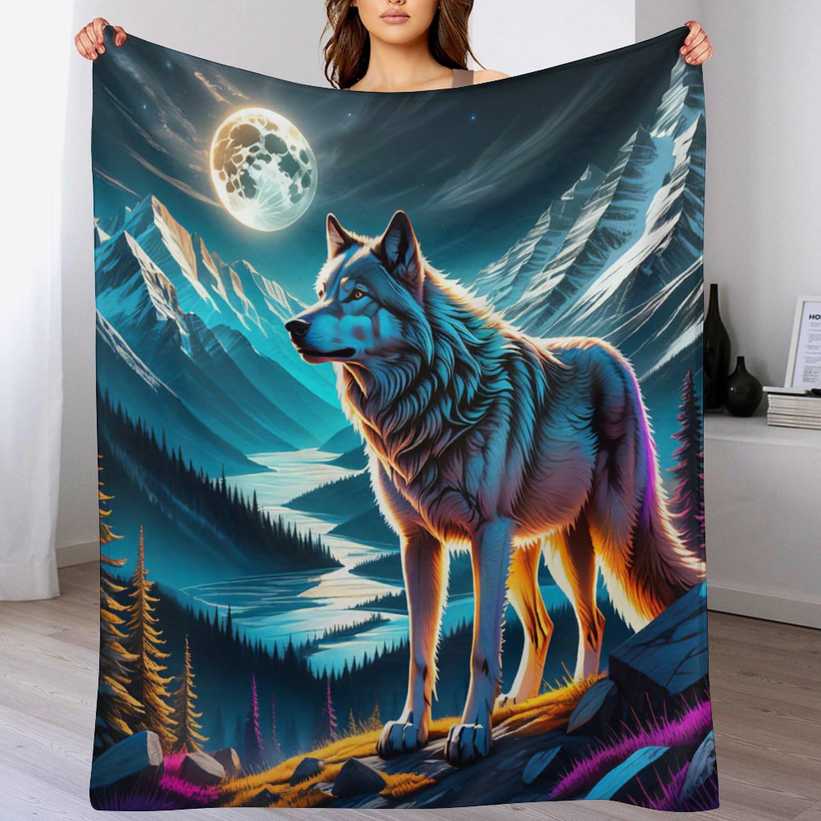 Plaid Couverture Polaire Loup Contre le Froid pour Canapé et Lit
