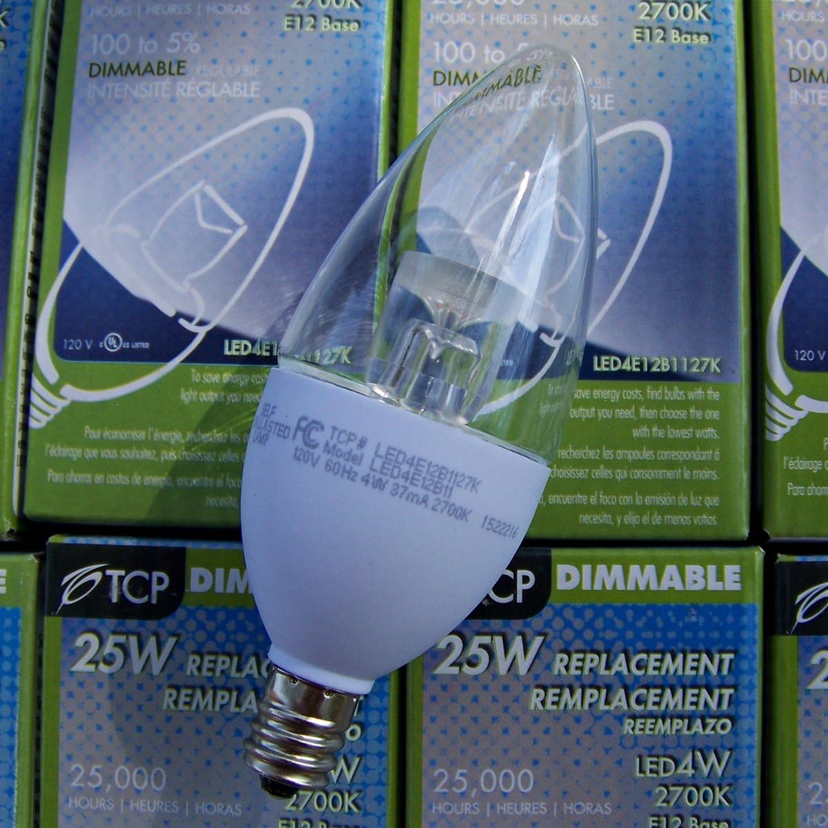 (Case of 6) TCP LED4E12B1127K 4-Watt LED E12 Chandelier Base 2700K Dimmable Lamp - Blunt Tip