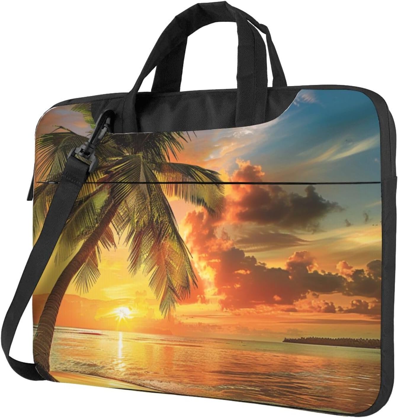 Tropical Beach Palm Tree Sunset Printed Laptop Tote Bag Travel Bag Business Computer Bag Work Bag for Men Women, black, 14 inch