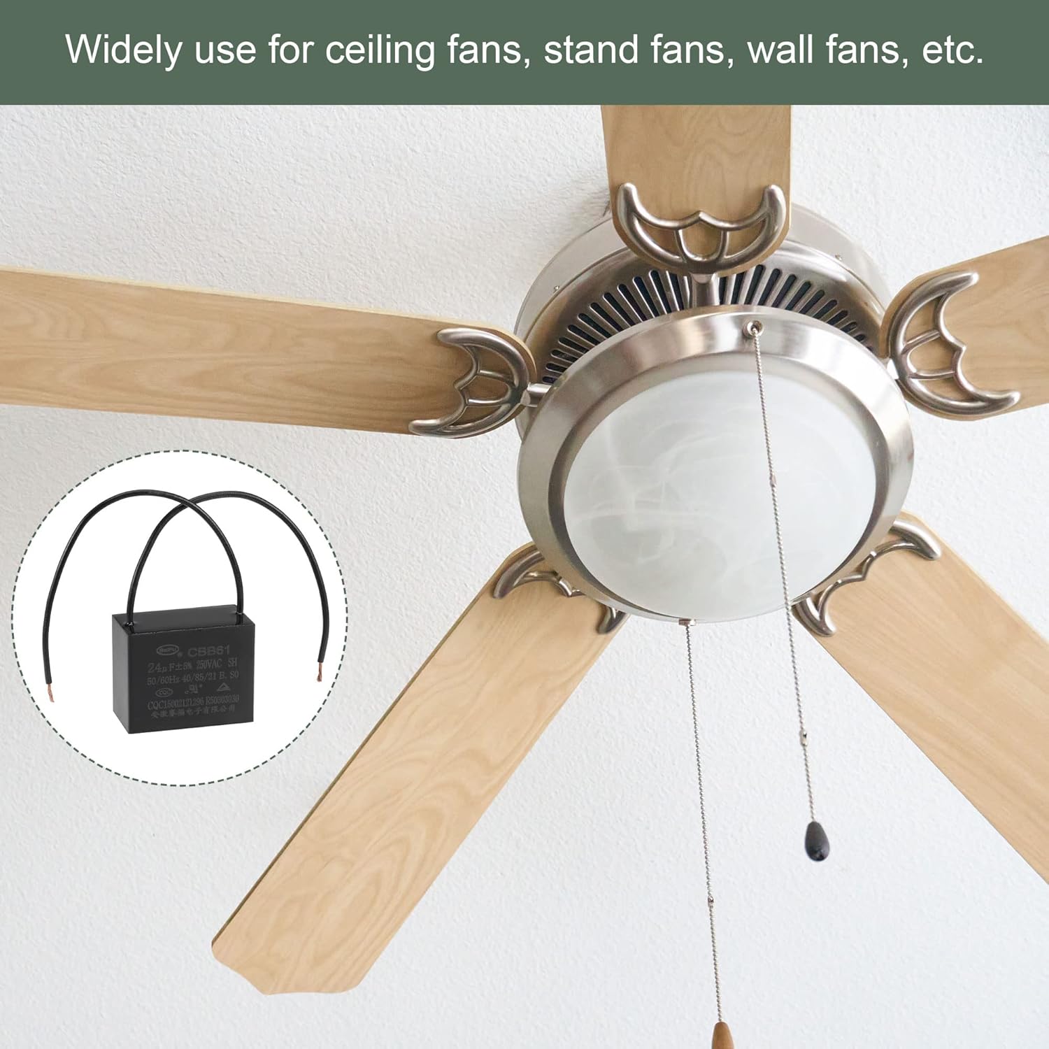 YOKIVE 2Pcs Ceiling Fan Capacitor CBB61, Metallized Polypropylene Film Capacitor Great for Fans Pumps Motors Running (24uF 250V AC 2 Wires 50/60Hz)