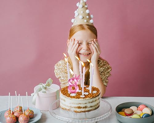 Miniatura 6 de Velas de cumpleaños rosadas número 8 de 3.15 pulgadas, decoración para pastel con corona 3D número 8 para decoraciones de cumpleaños