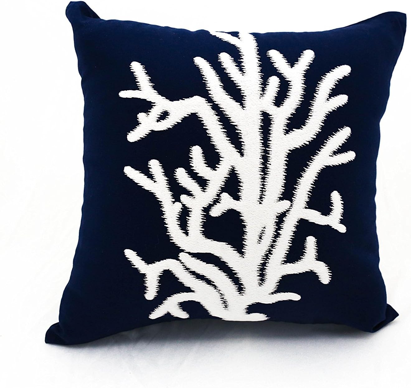 KainKain White Navy Throw Pillow Cover, Coral Tree Ocean Decor, Nautical Embroidered Cotton Linen Cushion, Beach House Sofa Pillow (20 inch x 20 inch)