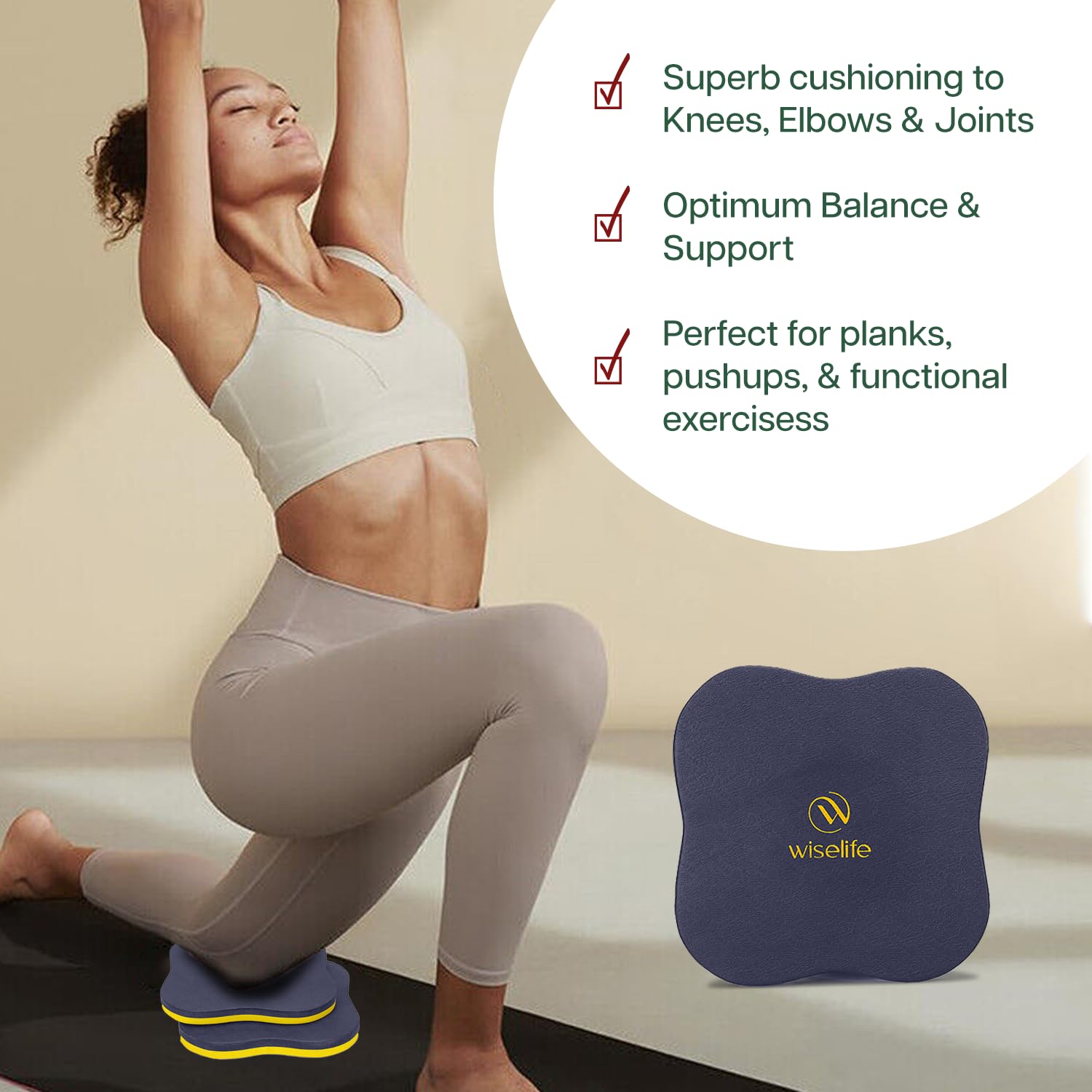 Wiselife Knee Pad | High Density Premium ECO-TPE Foam Material, Soft Surface, Kneeling Support for Yoga, Cushion for Knees, Hands, Wrists, and Elbows (Navy Blue/Yellow - Set of 2) - Image 4 thumbnail