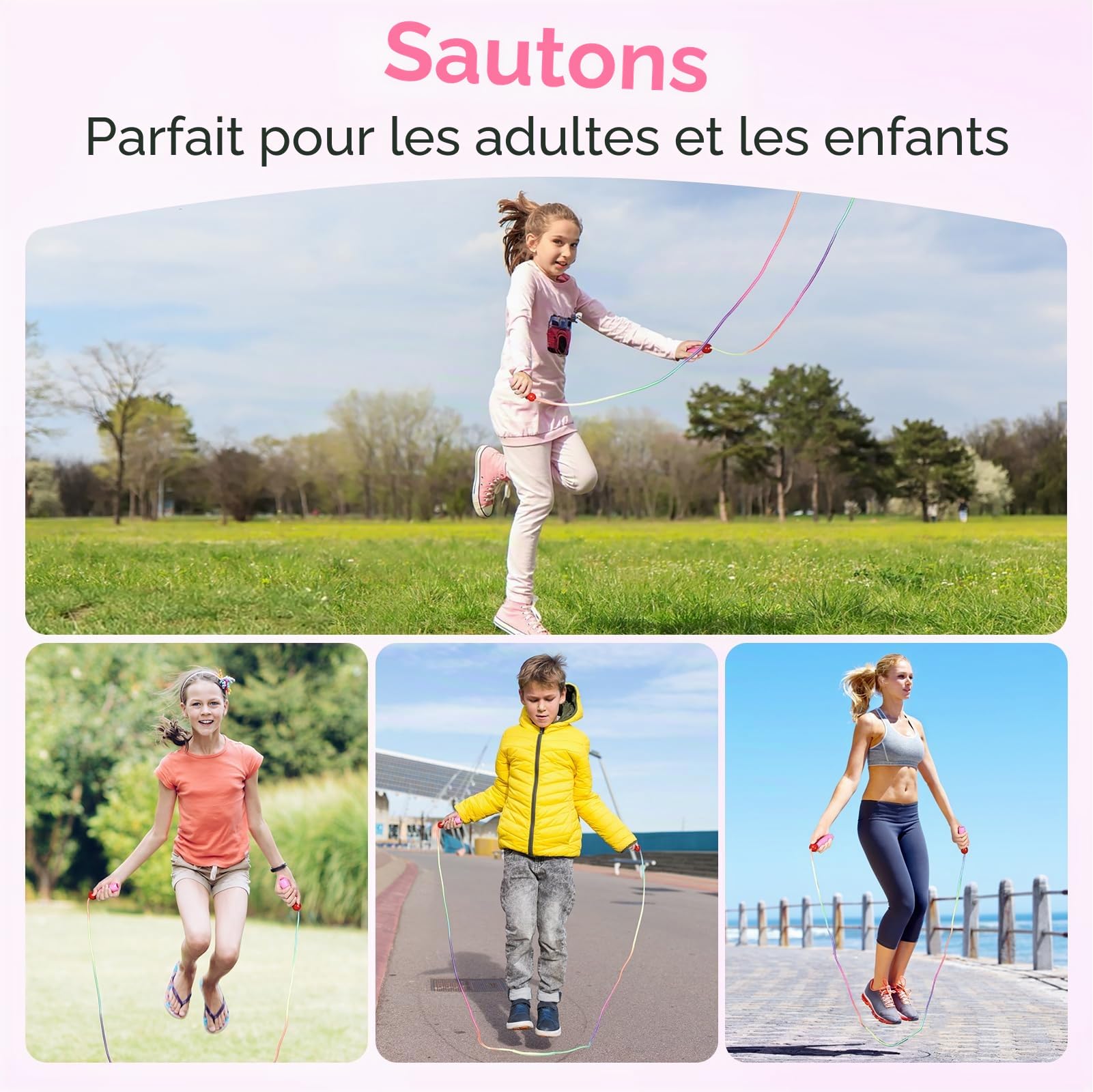 OTraki Corde à sauter arc-en-ciel pour enfants, cordes à sauter réglables pour enfants, corde à sauter avec poignée en bois pour filles/garçons, corde à sauter d'exercice pour enfants