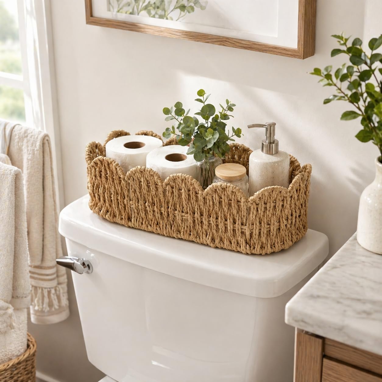 Scalloped Basket for Toilet Tank Top, Back of Toilet Storage | Handwoven Paper Rope in a Slim 15.35in Fit — Holds Toilet Paper Rolls, Tissue, and Toiletries for a Farmhouse Boho Bathroom