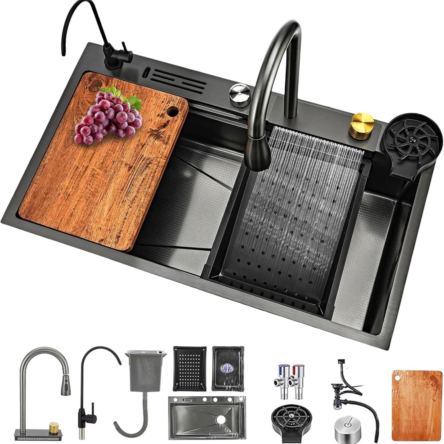 YADZISW Stainless Steel Waterfall Kitchen Sink - Single Basin Overmount/Undermount with Multifunction Pullout Faucet & Glass Washer for Modern Kitchens