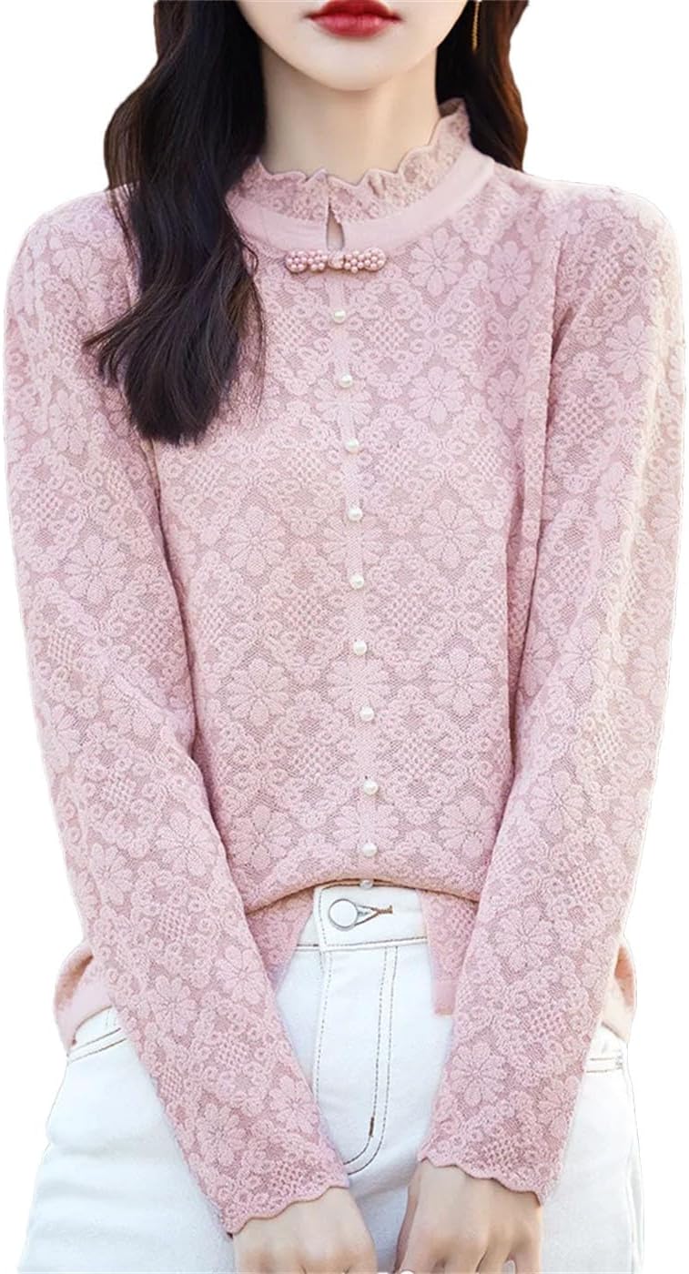 Women's Spring Wool Lace Mock Neck Sweater Fashion Flower Chinese Style Loose Button Long Sleeve Knit Pullover
