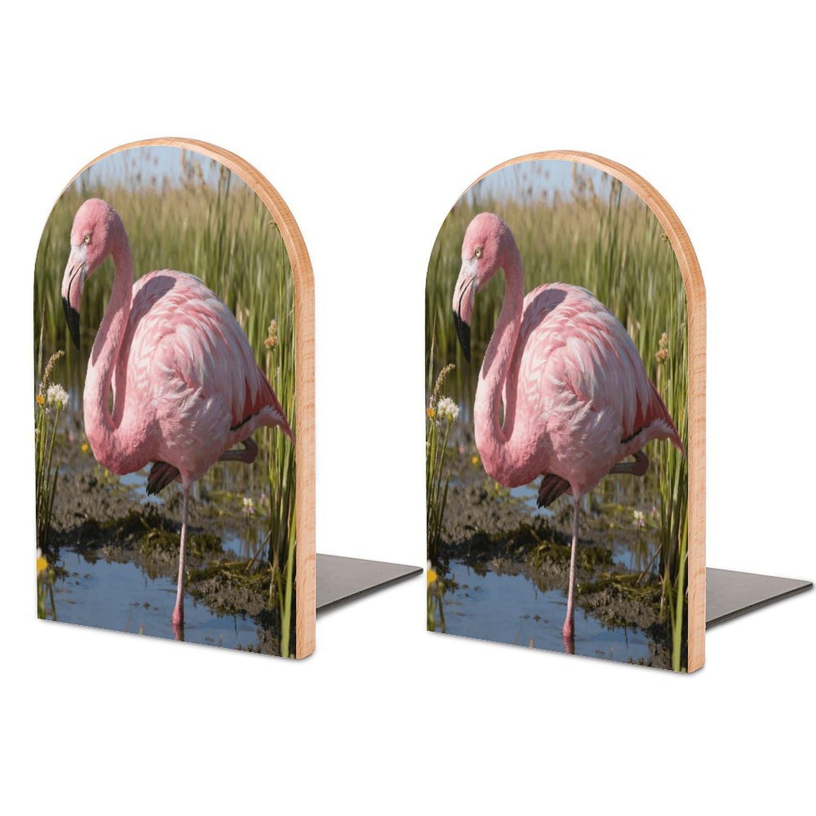 Pink Flame Perching on The Marsh Book Ends Wood Non-Skid Bookend for Shelves Heavy Duty Bookends with Metal Base Decorative Books Stopper Desk Organizers Book Dividers for Office Home 1 Pair