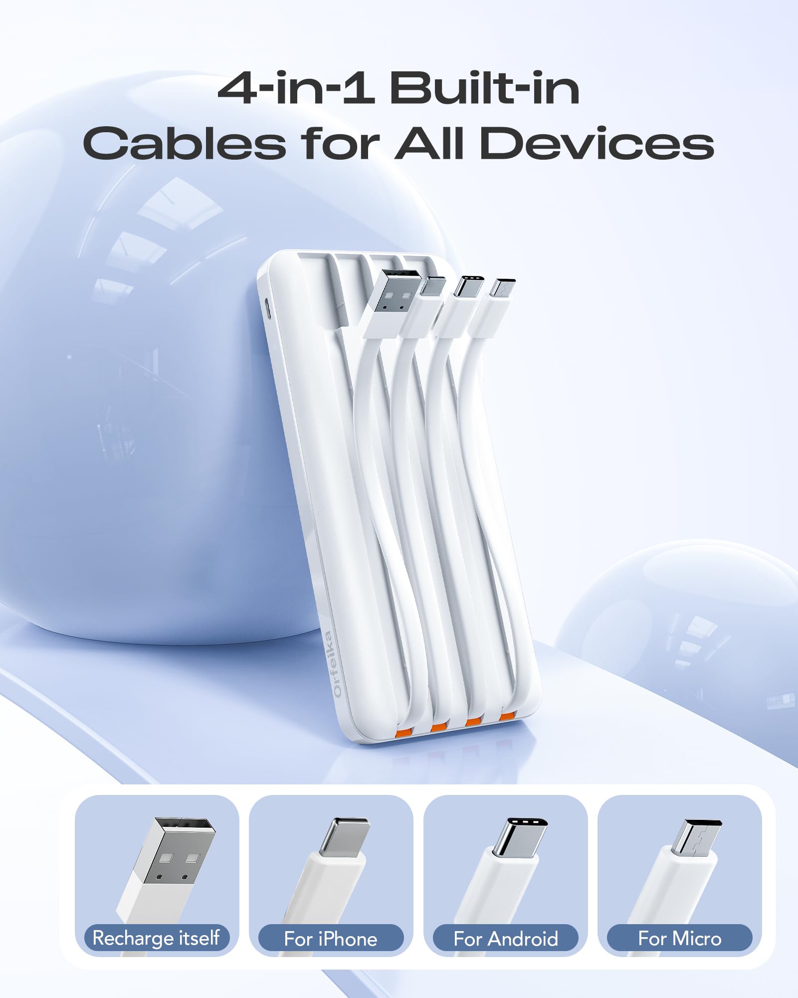 Orfeika Power Bank da 20000 mAh, ricarica rapida, caricabatterie portatile con 4 cavi integrati e 6 uscite, batteria PD USB C da 20 W per iPhone 16/15/14/13/12, Galaxy, Android, iPad e altro