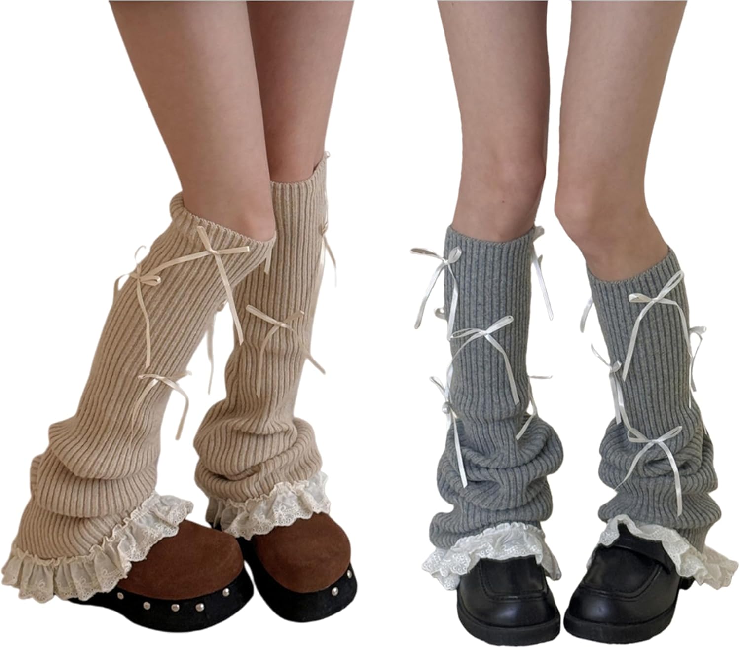 2 Pairs Kawaii Lolita Cute Bow Knit Wool Leg Warmers for Women, Warm Winter Boot Socks Accessories