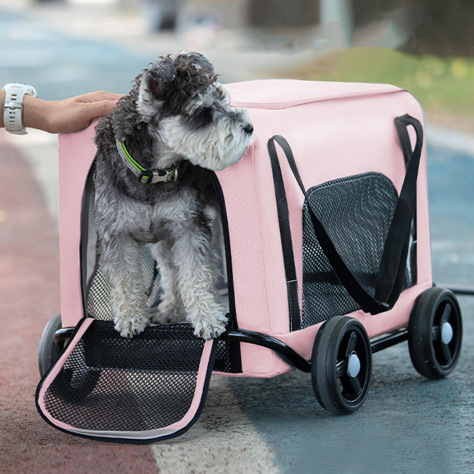 AMONIDA Transporter dla Psa z Kółkami Wszechstronny Wózek Spacerowy dla Małych Zwierząt Kompaktowy Podróżny materiał Oxford 4 Koła (PINK)