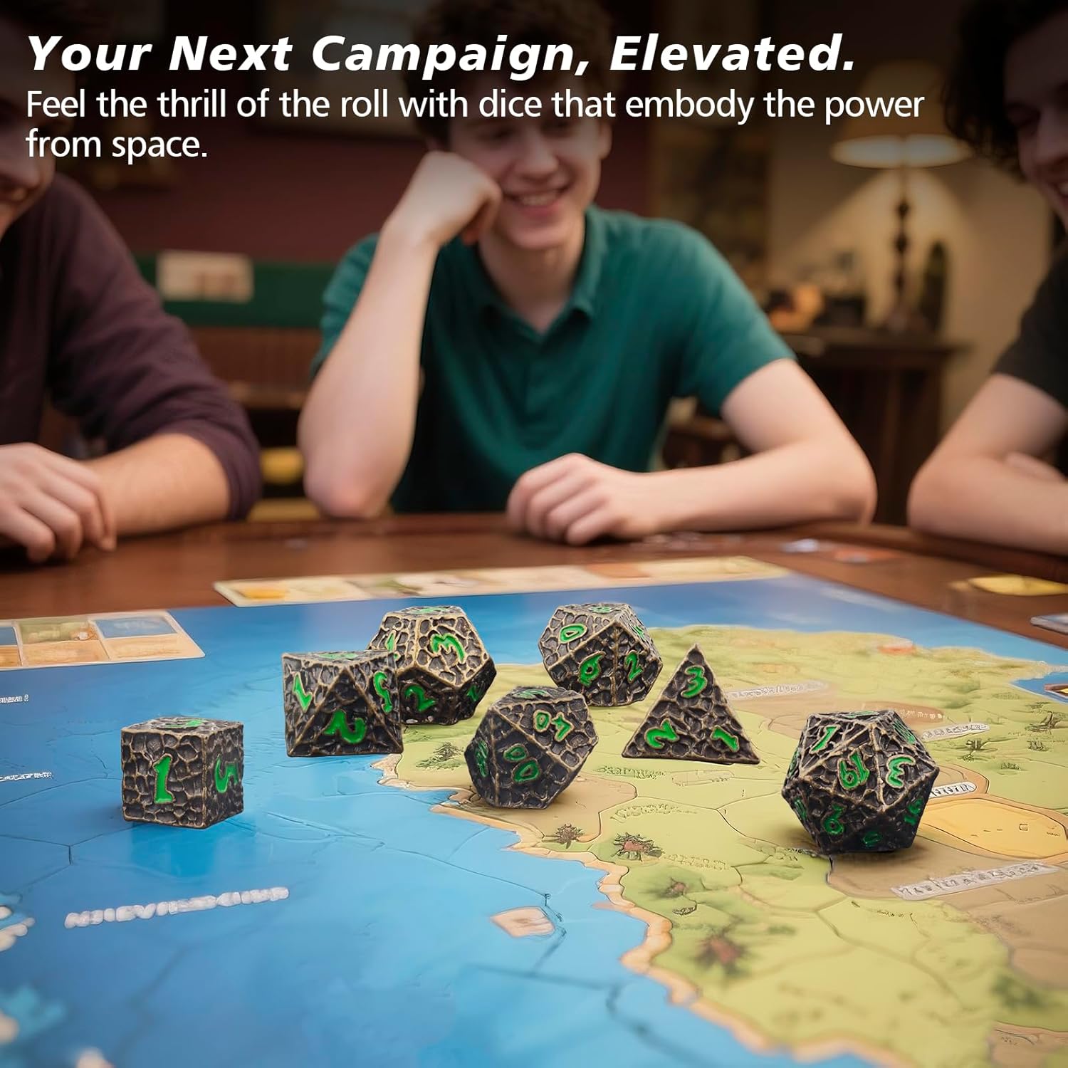 PJOY Metal Dice Set D&D for Dungeons and Dragons Green Metal Druid DND Dice with Case Meteorite Bronze 16mm 7PCS Role Playing Cool DND Gifts for Players DM Game Masters