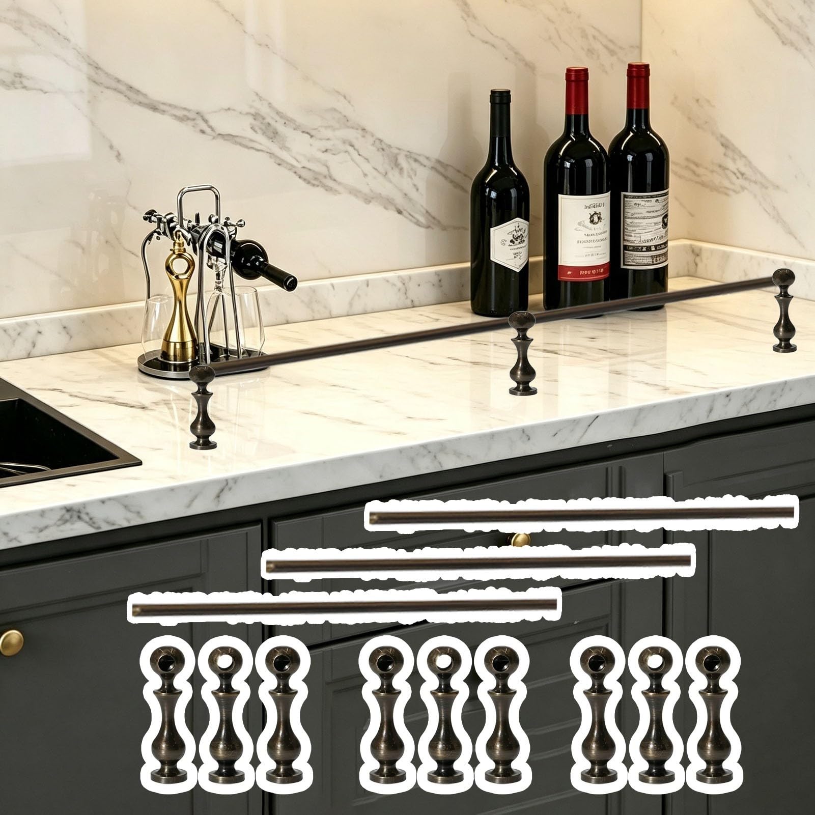 Binario di Protezione per Scaffale Set 2/3 Barre Fissaggio Mensole, Ideali | Binario per Mensole Espositive in Ottone Anticato con Fusi, Ferramenta Personalizzabile(3PCS,47"/119.4cm)