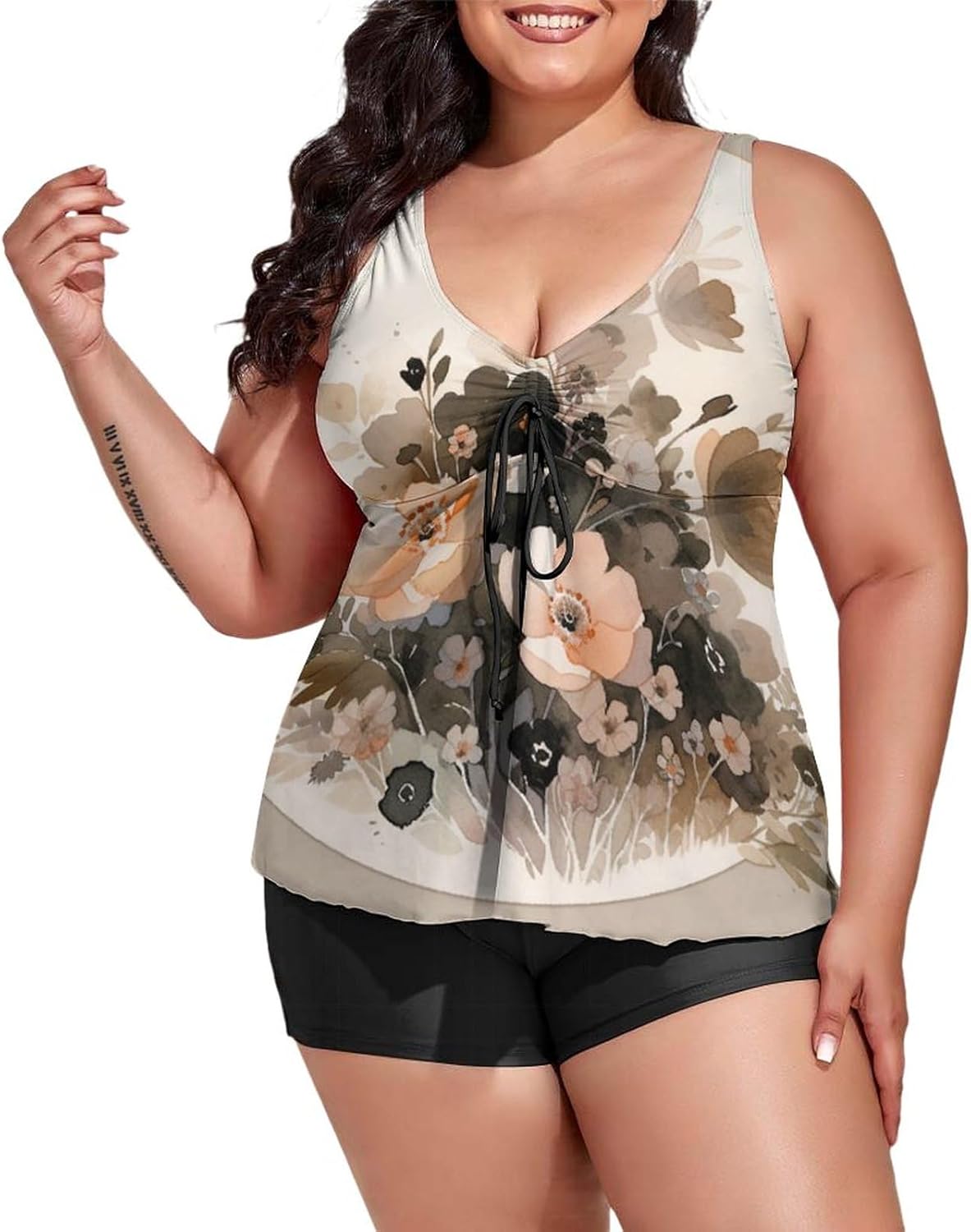 Plus Size Swim Dress Watercolor Flowers Women's 2 Pieces Tankini Swimsuit Womens Bathing Suits with Top/Boyshorts