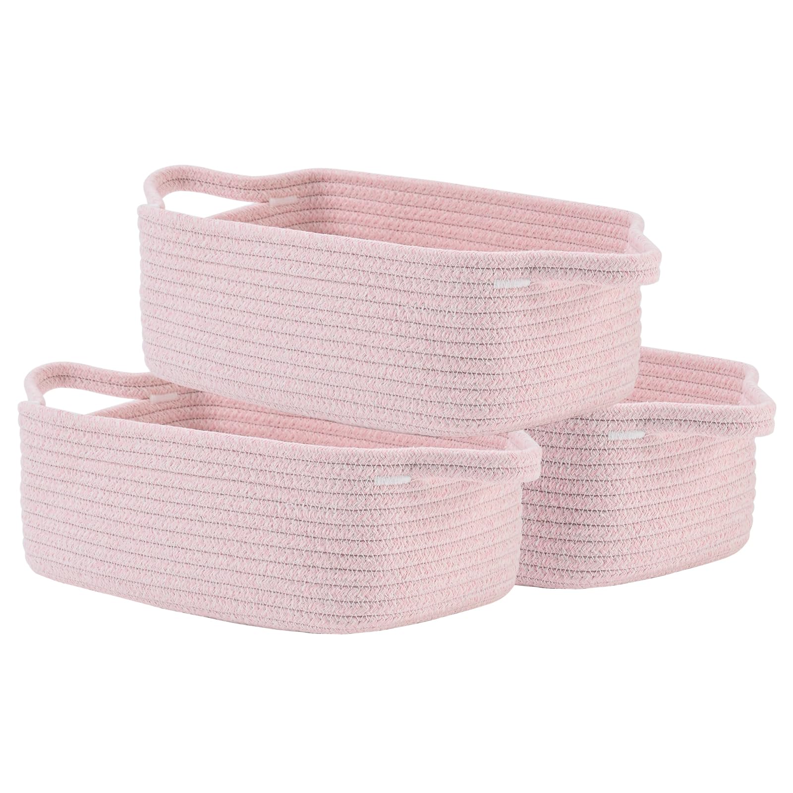 KALLAX Small Woven Basket, 12 x 8 x 4.5 Inches, Small Storage Baskets for Organizing, Gift Baskets Empty, Cute Rope Shelf Closet Storage Bins for Shelves, Dog Toy Basket, 3 Packs, Light Pink