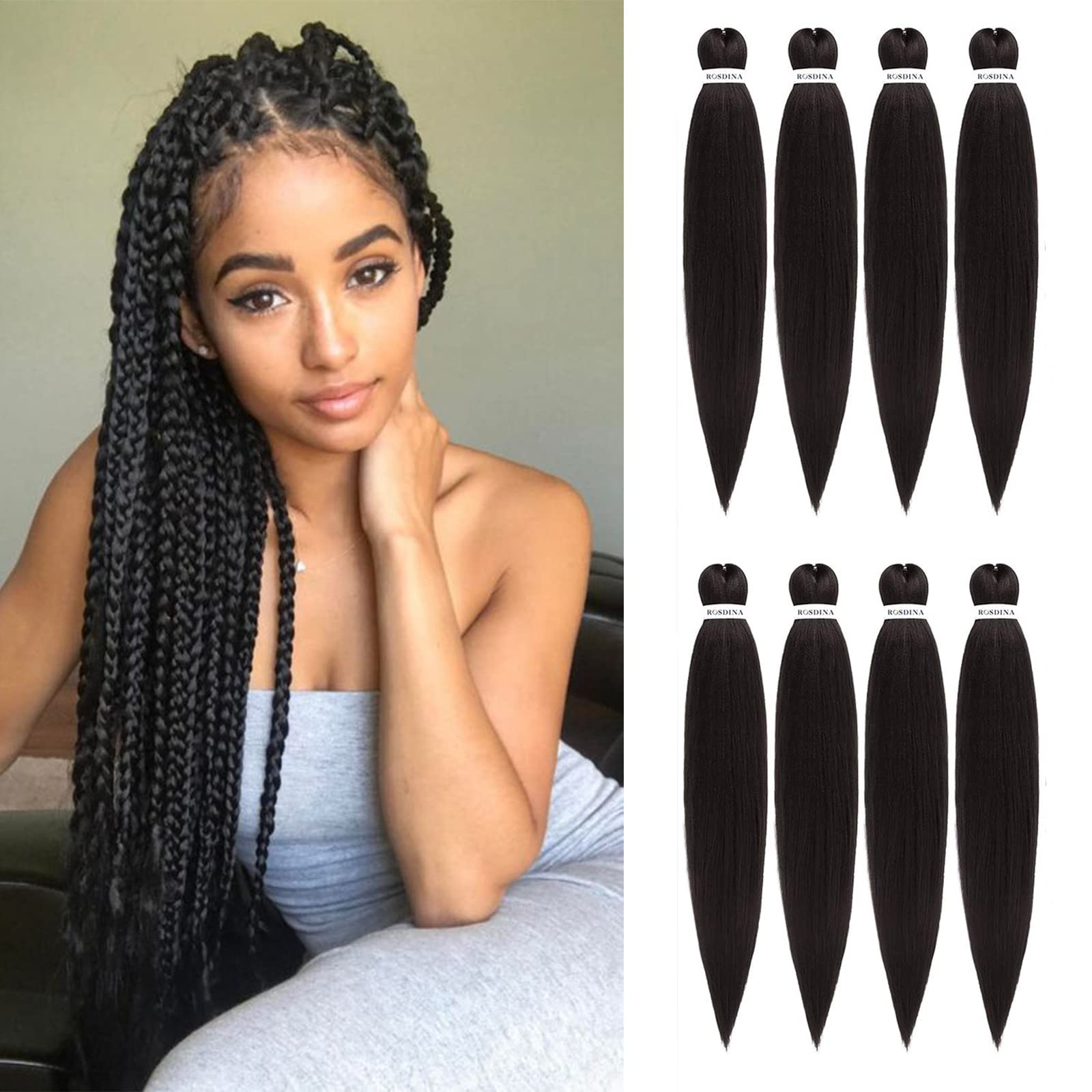 ROSDINA Pre-stretched Braiding Hair - 26 Inch 8 Packs Dark Brown Super Long Braiding Hair For Twist or Box Braids, Yaki Texture Hot Water Setting