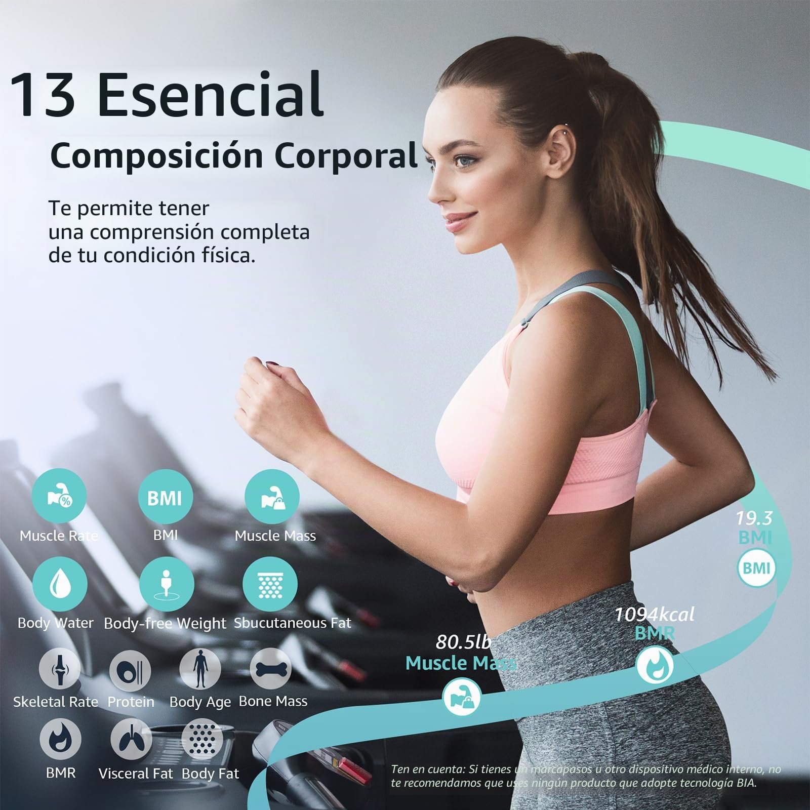 Báscula de Baño Digital Inteligente con Sincronización en App - 13 Indicadores de Composición Corporal Grasa Músculo IMC Agua Alta Precisión hasta 180 kg, Báscula de Fitness para Hombre y Mujer