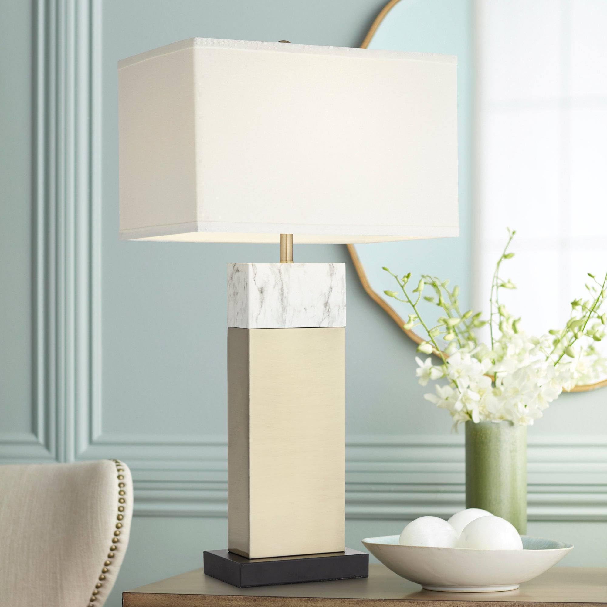 360 Lighting 30" Tall Large Rectangular Modern End Table Lamp Gold Two-Tone Faux Marble Finish Single Linen White Shade 