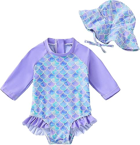 WOLBAY Traje de baño de manga larga de una pieza con protector de erupción con sombrero para el sol, traje de baño con cremallera, talla 0-2T