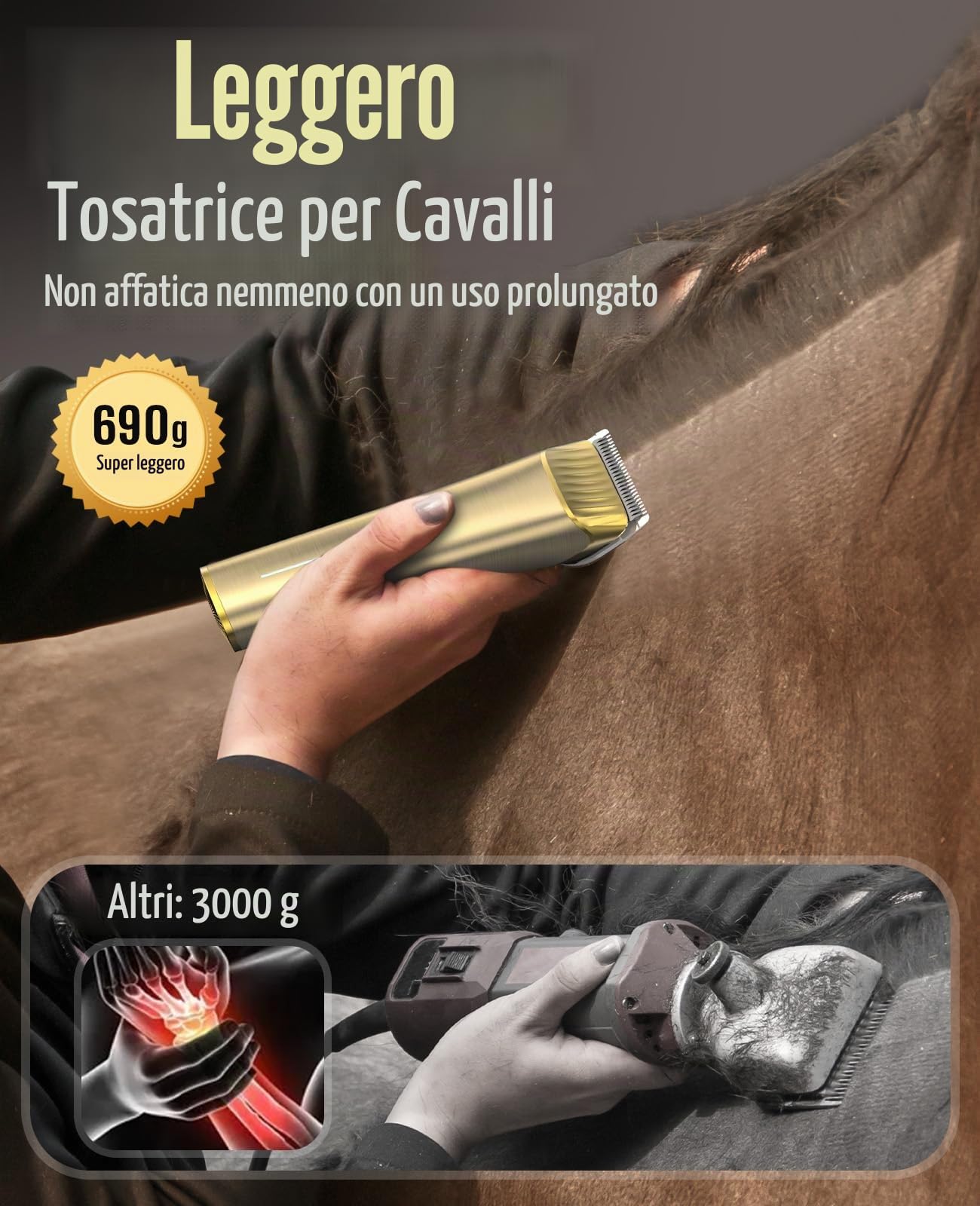oneisall Kit per la toelettatura dei cavalli, senza fili, a basso rumore, per capelli lunghi spessi e opachi