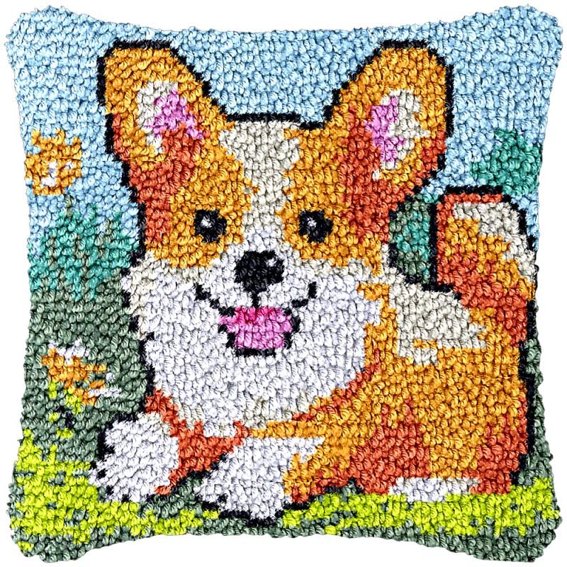 Image of Latch Hook Pillowcase Kits Flower Cartoon Corgi Latch Hook kit Cushion Throw Pillow Embroidery Craft Kits for Beginner DIY Latch Hook Rug Kit with Printed Canvas Hobby & Craft 43x43cm