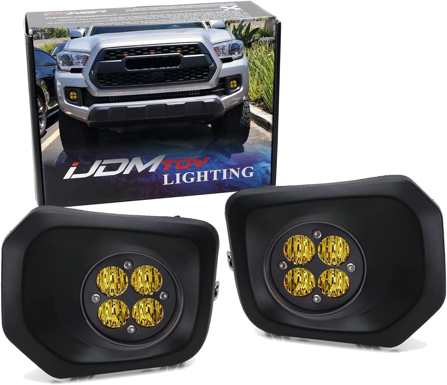 iJDMTOY Yellow Lens 24W High Power LED Wide Angle SAE Flood Beam Fog Light Kit w/Foglamp Bezels, Relay Wiring Harness Compatible With 2016-2023 Toyota Tacoma