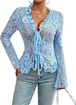 Y2k Long Sleeve Lace Top for Women Sexy Sheer Mesh See