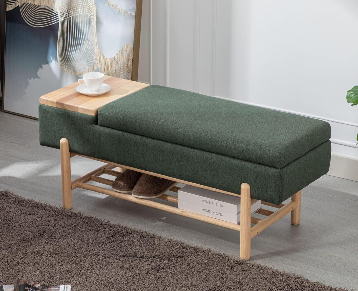 EALSON Modern Storage Ottoman Bench Upholstered Fabric End of Bench with Seating and Wood Shoe Rack Long Entryway Bench for Bedroom/Living Room/Foyer, Linen Cream