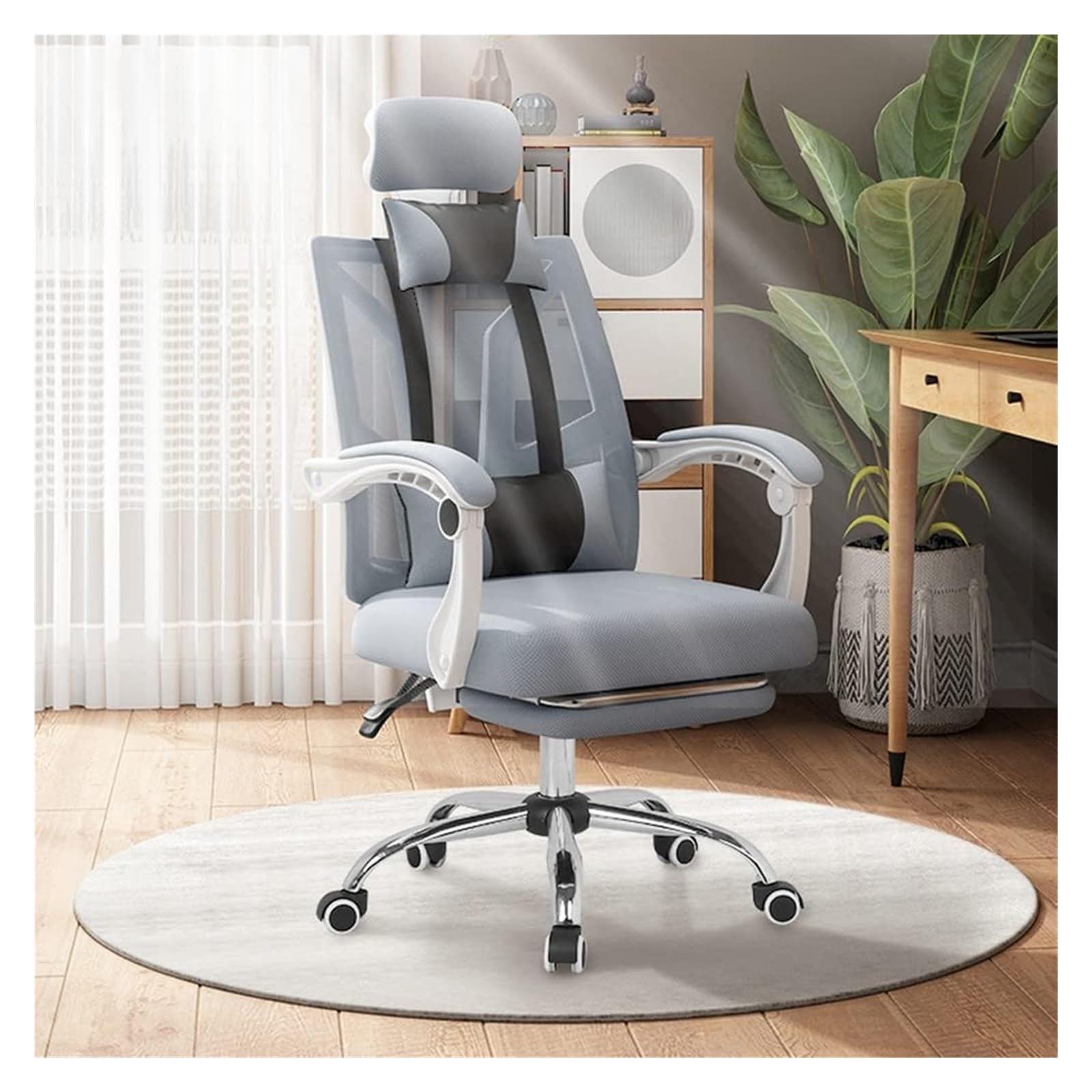Krzesło biurowe z podnóżkiem, ergonomiczne krzesło biurowe z siatki, podparcie lędźwiowe, krzesło komputerowe z regulowanym zagłówkiem, obrotowy fotel roboczy, regulowany fotel