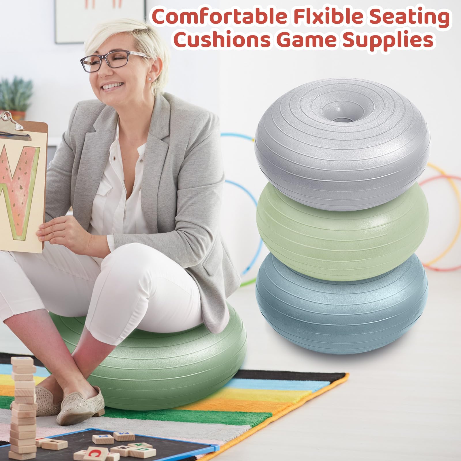 Lewtemi Flexible Sitzgelegenheiten für Klassenzimmer, elementar, aufgeblasen, Wackelstuhl für sensorische Kinder, 50,8 cm, Yoga-Ballstühle, große Donut-Ballsitze mit Inflator für Klassenzimmer, Büro