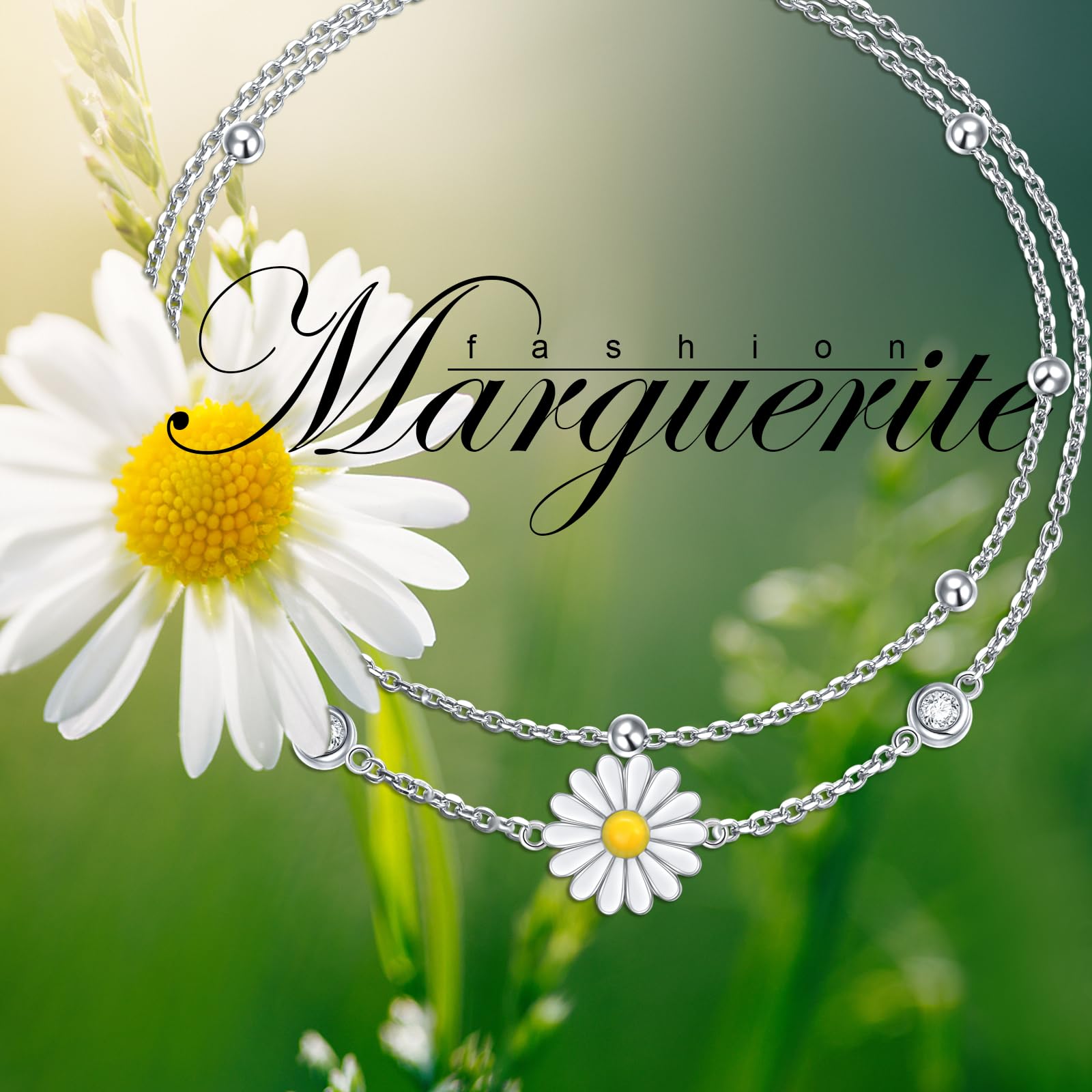 DAOCHONG Tobillera de plata de ley 925 con perlas y flores, cadena ajustable para el tobillo como regalo para mujer (margarita_9+1 pulgadas)