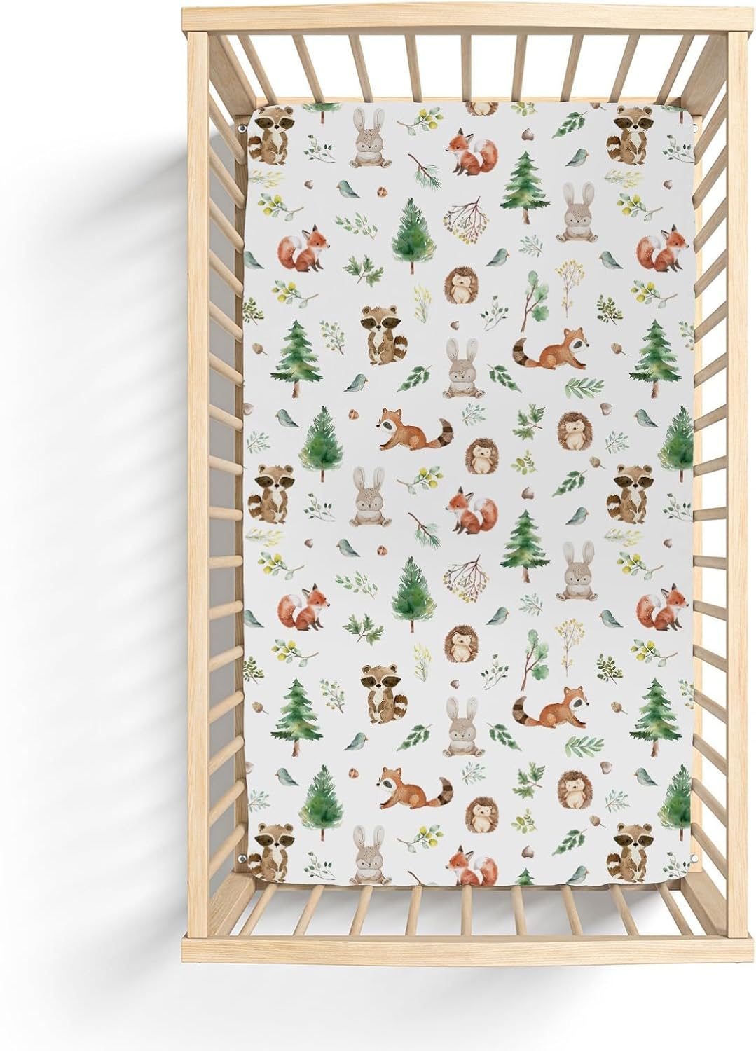 Watercolor Animals Baby Crib Sheets Boy Girl 52x28 Hedgehog Raccoon Fox Bunny Trees Leaves Soft Snug Fitted Crib Mattress Cover Forest Animal Baby Sheet for Standard Crib & Toddler Bed Mattress