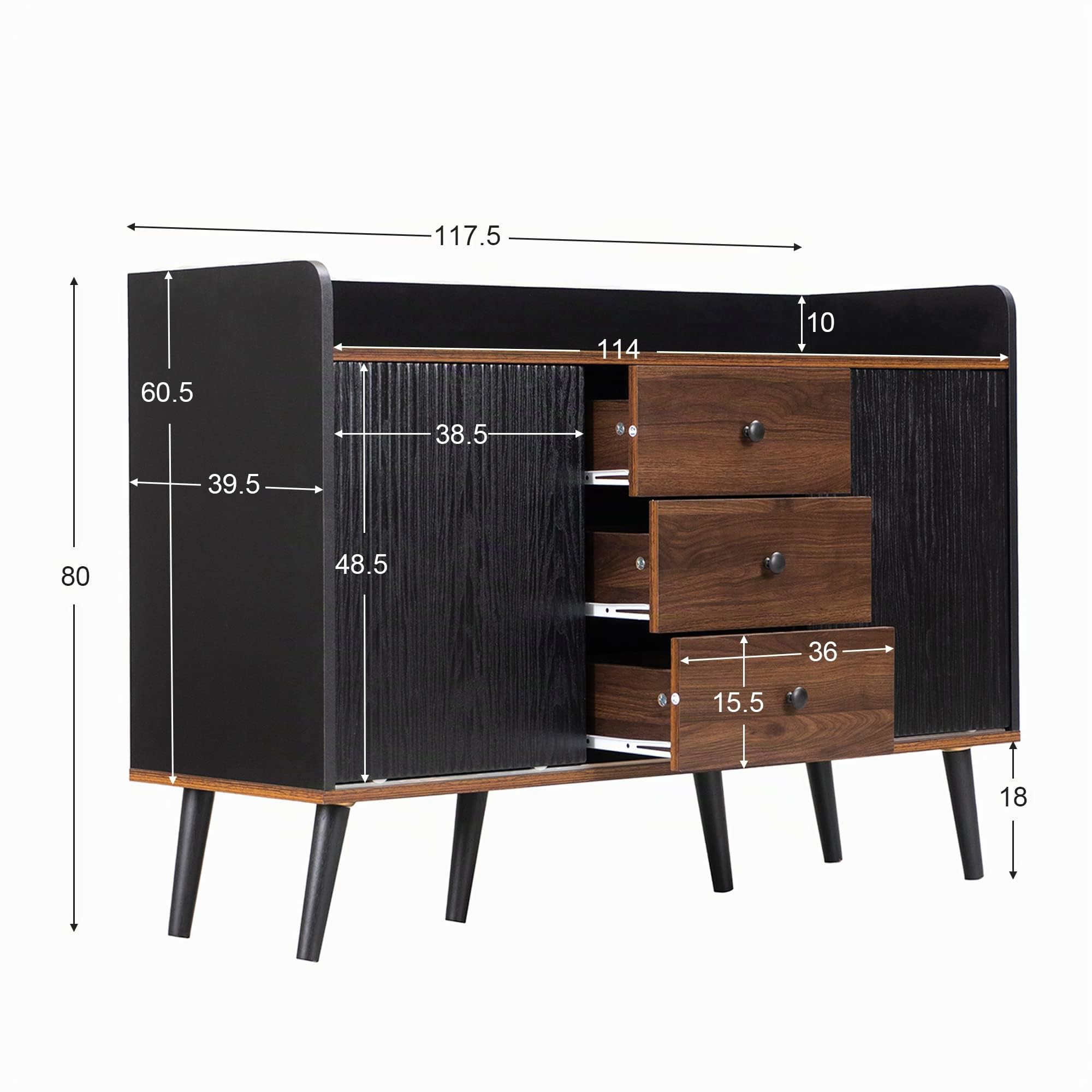 BTM Sideboard, 2 Gestreifte Schiebetüren & 3 Schubladen & Verstellbaren Regalen & Erhöhter Rand & 6 Massivholzbeine, Kommode Schrank Wohnzimmer Schlafzimmer Esszimmer Flur, 120 x40x80cm, Holz