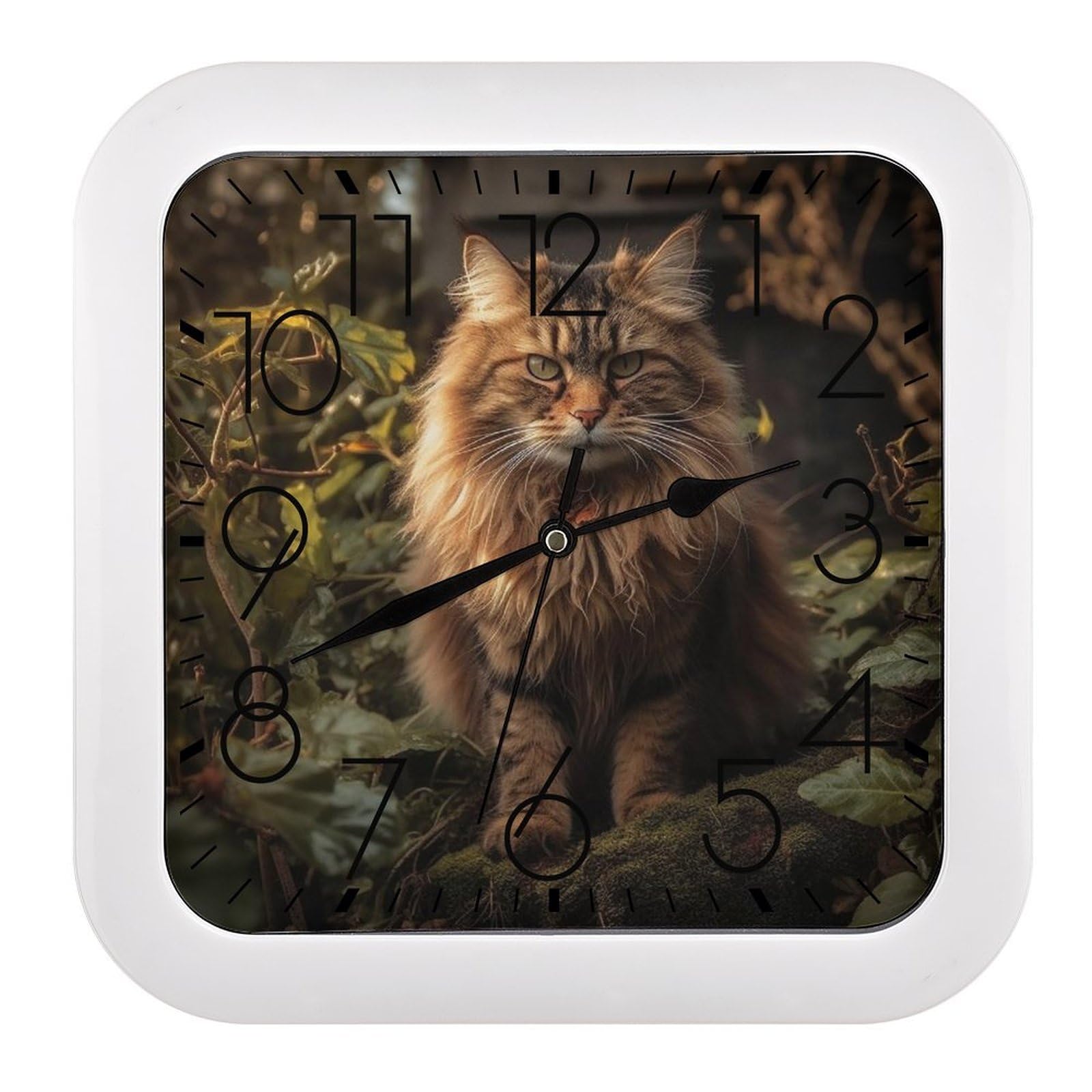 NTVOWPZO 10 Inch Wall Clock Cat Sitting in Bush Battery Operated Wall Clocks Silent Non-Ticking Square Wall Clock for Living Room Kitchen Home Office Wall Decorative Clocks