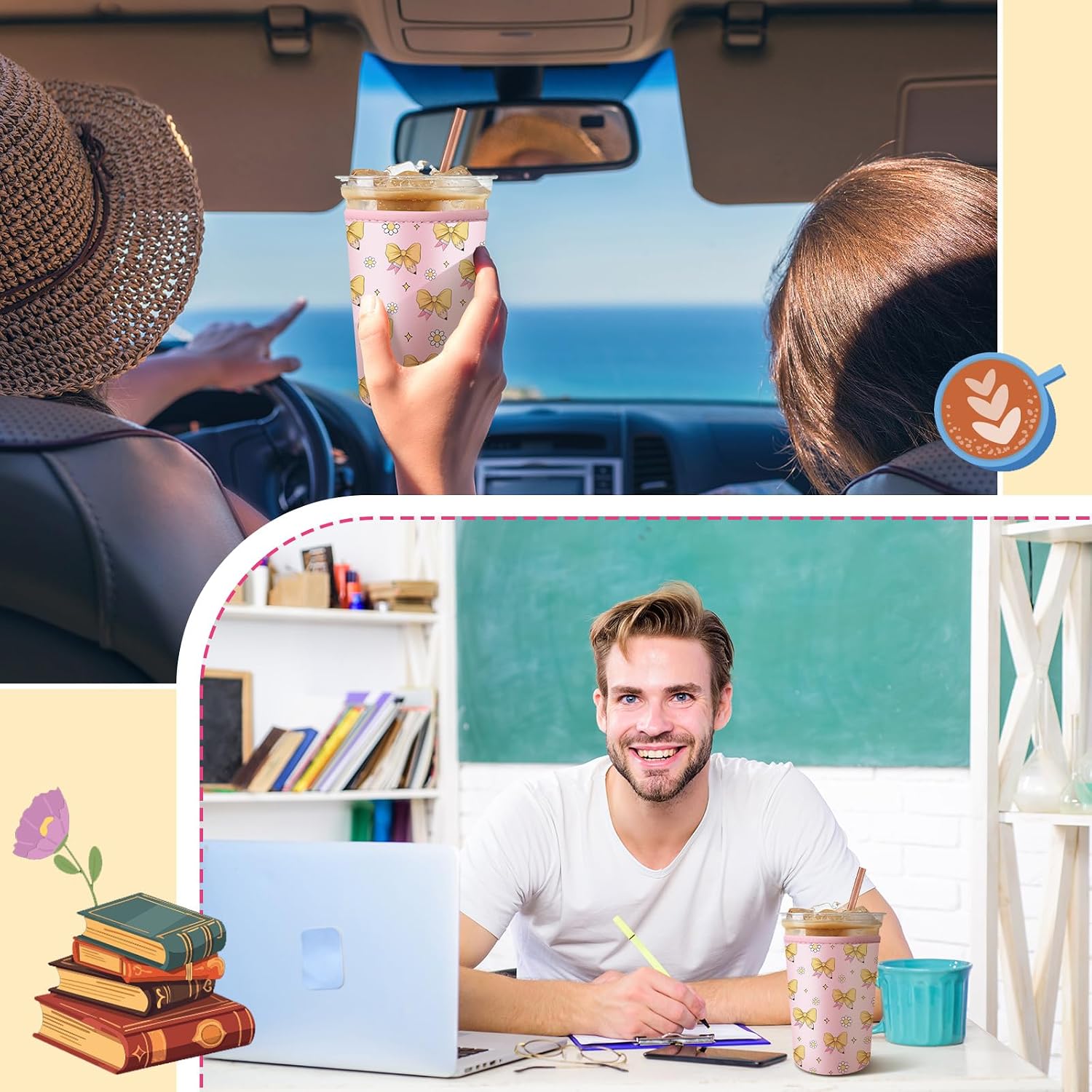 FoldTier 3 Pcs Teacher Appreciation Gifts Teachers Cup Sleeves Iced Coffee Sleeves Teachers Coffee Sleeve Gifts Iced and Hot Drinks Cup Sleeve for End of School Year Graduation(Pink Pencil Bow)