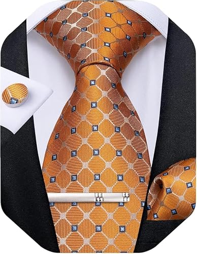 DiBanGu Conjunto de corbata de seda a rayas para hombre, corbata a cuadros con pañuelo de bolsillo, gemelos y clip de corbata para boda formal, Naranja Luminoso, Talla única