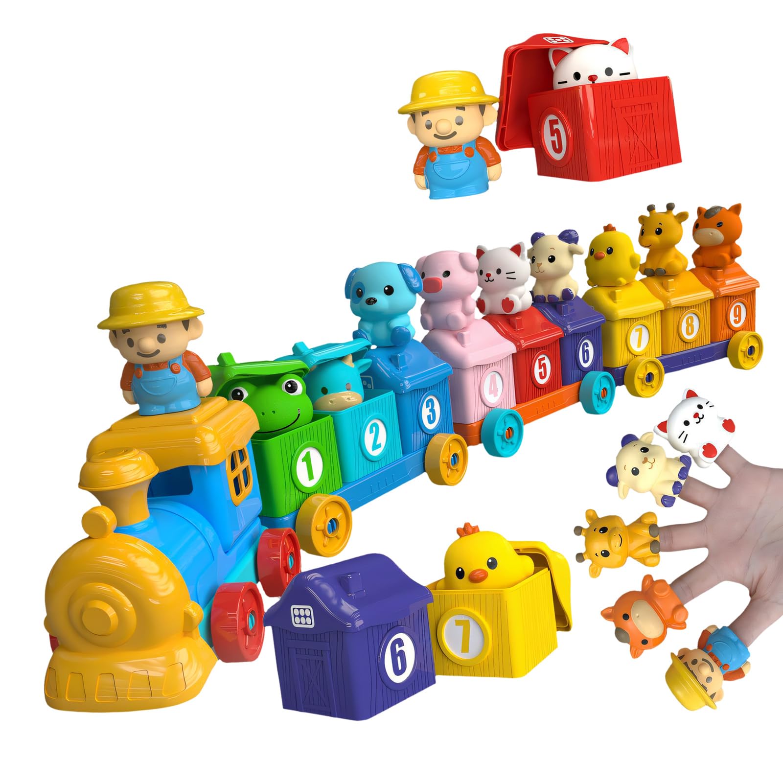 Trenino Giocattolo a Tema Fattoria con Numeri e Gioco smistamento Animali, burattino da Dito per Bambini, immaginazione, Gioco apprendimento precoce della Matematica
