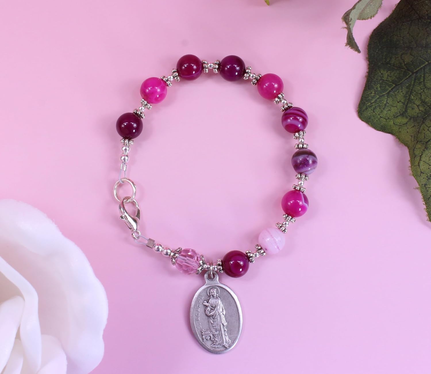 Saint Agatha Rosary Bracelet Breast Cancer Bracelet Gemstone Patron Saint of Breast Cancer Saint Jewelry Catholic Jewelry Pink Bracelet Gift for Breast Cancer