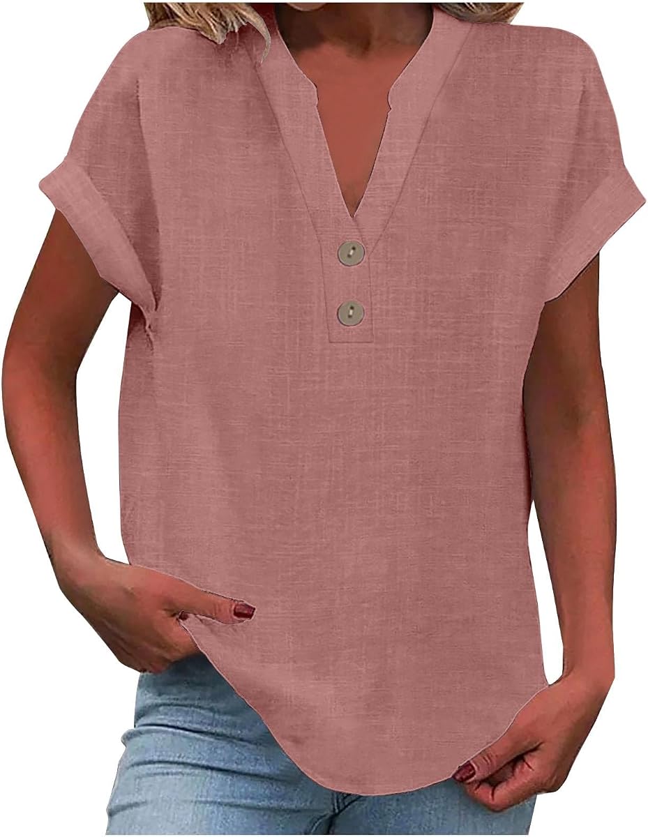 Nantdog Linen Shirts for Women Summmer Short Sleeve Casual Tops Henley Vcation Beach Lounge Button Lightweight Tunic Blouse