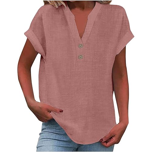 Linen Shirt for Women Summer Button Down Short Sleeve V Neck Tops Solid Color Comfy Blouses Casual Dressy Tunic Tees